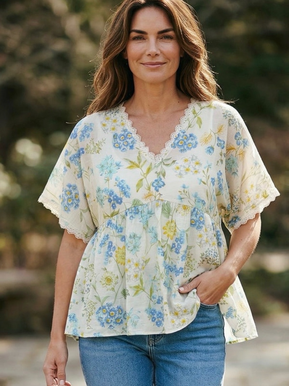 LIKE LOVE Cream Base Floral V-Neck Blouse with Blue & Green Print